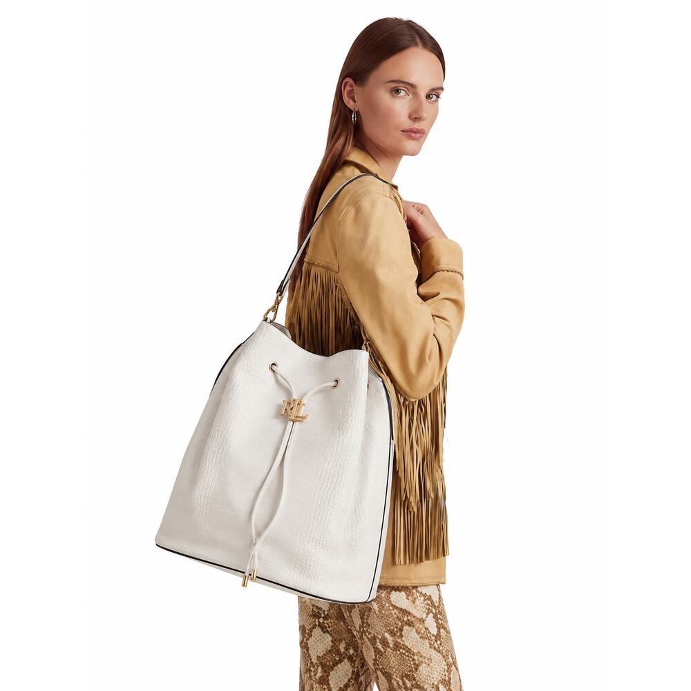 Lauren Ralph Lauren Andie Croc Embossed Drawstring Bucket Bag White Gray - Picture 12 of 12